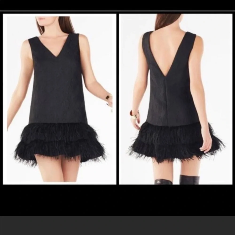 BCBG MaxAzria Black Sleeveless Jamysen Feather Trim Jacquard Mini Dress Size 0 - Picture 8 of 11